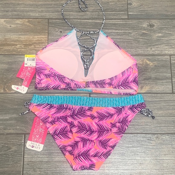 Small NWT Hula Honey Leaf Breeze Bikini Top & Bottoms Lace Up Front High Neck - Picture 7 of 13